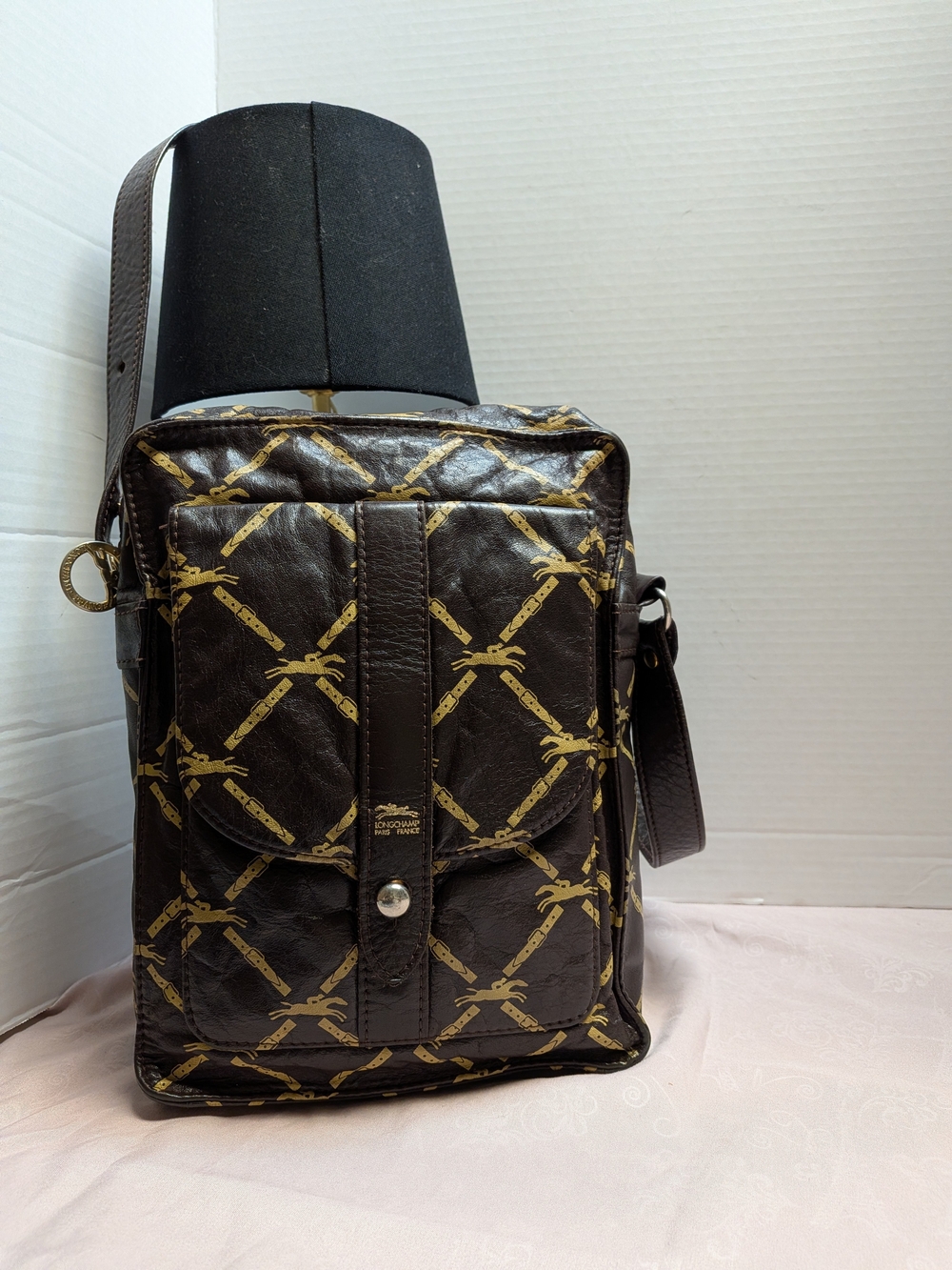 Longchamp Brown Crossbody Bag with Gold Tone Pattern all leather